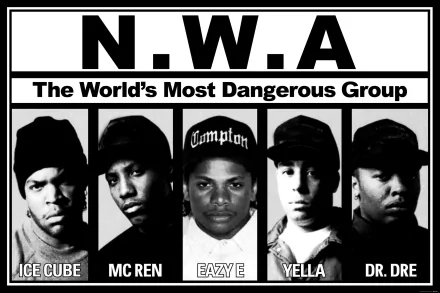 Iconic black-and-white wallpaper featuring N.W.A., showcasing members Ice Cube, MC Ren, Eazy-E, Yella, and Dr. Dre, representing the legendary hip-hop group's influence.