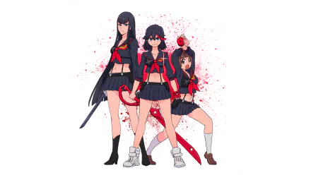 Three iconic characters from Kill La Kill - Mako Mankanshoku, Satsuki Kiryūin, and Ryūko Matoi - stand confidently together against a vibrant background, showcasing their fierce personalities.