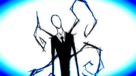 A dark HD wallpaper featuring Slender Man, with a striking blue background and eerie, slender limbs extending from his figure, embodying the unsettling essence of Creepypasta.
