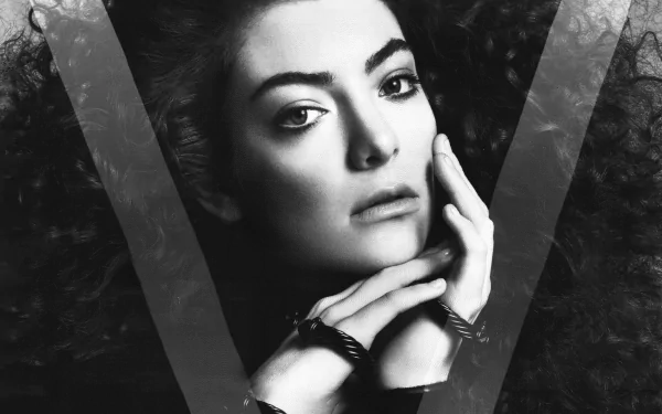 Black-and-white 8K Ultra HD PC desktop wallpaper: close-up portrait of a female singer, hands near her face, overlaid by a large V; moody, music-themed background.