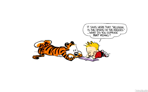 Calvin and Hobbes from the comic strip lie on the floor reading a book, with Calvin explaining the meaning of religion in a speech bubble in this HD PC desktop wallpaper.