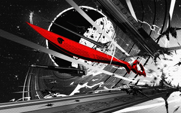 An HD desktop wallpaper featuring dynamic artwork from the anime Kill La Kill, showcasing a striking red sword amidst an explosive, abstract backdrop.