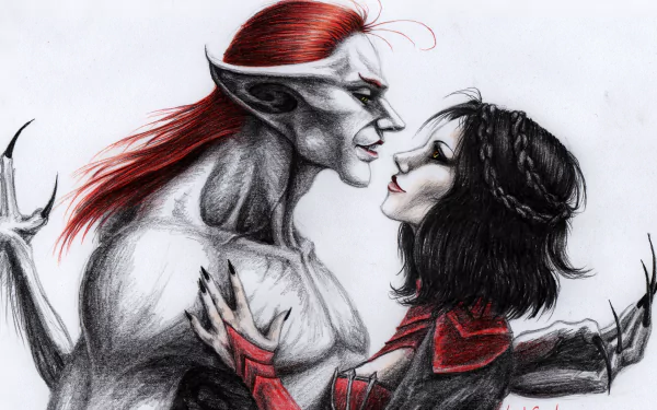 A captivating dark-themed vampire illustration featuring a striking interaction between a male vampire with red hair and a female vampire, perfect for a 4K Ultra HD desktop background.