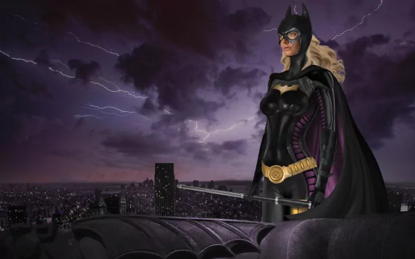 A dynamic HD wallpaper featuring Stephanie Brown as Batgirl, standing confidently on a rooftop against a stormy night sky, embodying strength and ready for action.