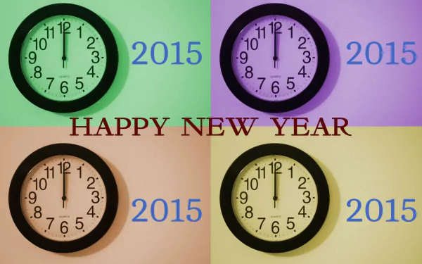 Colorful pop art clocks display the year 2015 alongside the phrase Happy New Year, creating a festive holiday-themed HD desktop wallpaper.