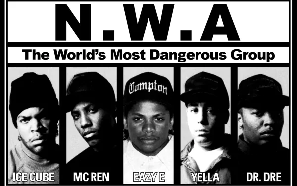 Iconic black-and-white wallpaper featuring N.W.A., showcasing members Ice Cube, MC Ren, Eazy-E, Yella, and Dr. Dre, representing the legendary hip-hop group's influence.