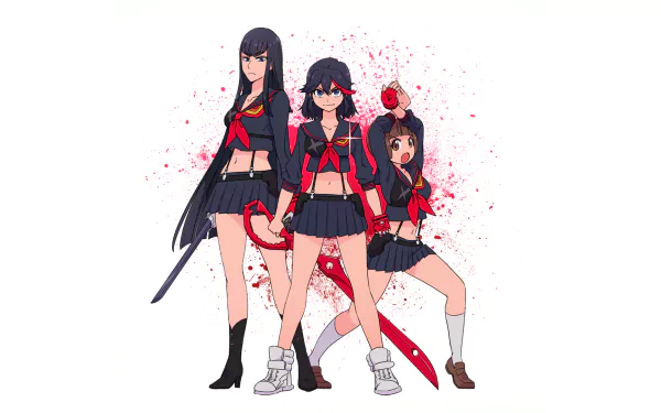 Three iconic characters from Kill La Kill - Mako Mankanshoku, Satsuki Kiryūin, and Ryūko Matoi - stand confidently together against a vibrant background, showcasing their fierce personalities.