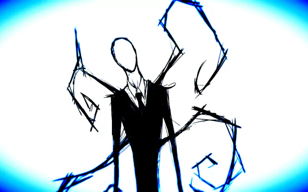 A dark HD wallpaper featuring Slender Man, with a striking blue background and eerie, slender limbs extending from his figure, embodying the unsettling essence of Creepypasta.