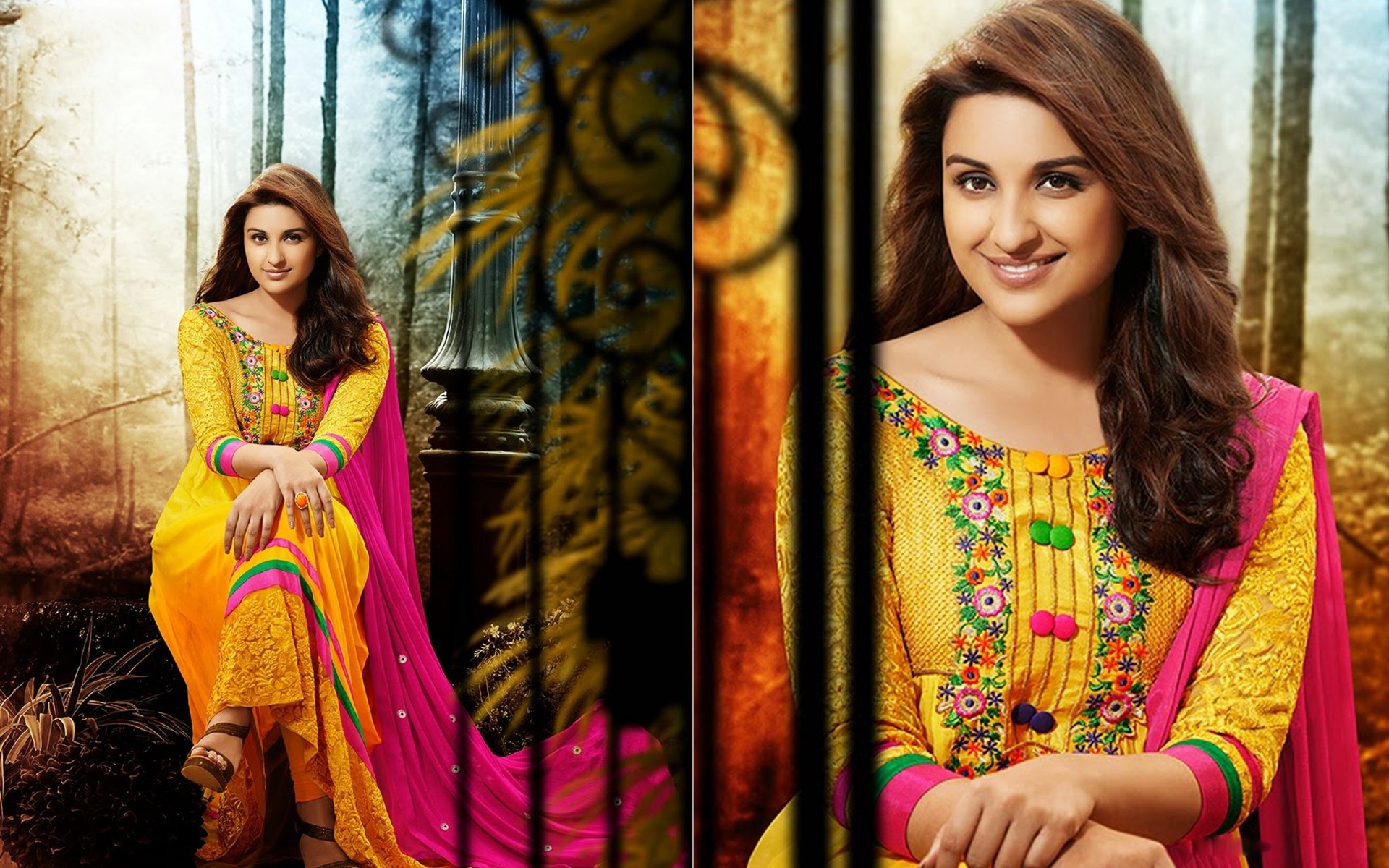 Brunette Bollywood actress Parineeti Chopra poses gracefully in a vibrant yellow and pink traditional outfit, set against a lush forest backdrop, showcasing her elegance and charm.