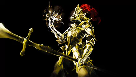 Dragon Slayer Ornstein from Dark Souls stands in a dramatic pose, clad in ornate golden armor, wielding a spear and channeling power, set against a stark black background.