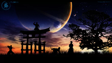 Artistic HD desktop wallpaper depicting a picturesque sunrise with ninjas silhouetted against a large planet in the sky, an intricate tree, and a traditional Asian gateway.