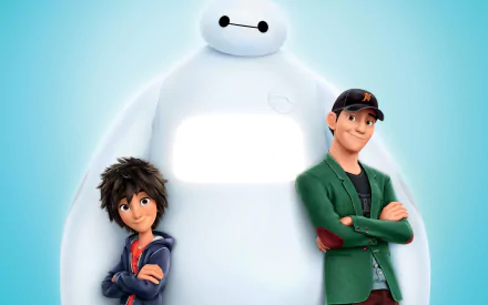 HD desktop wallpaper from Big Hero 6 featuring characters Hiro, Baymax, and Tadashi on a soft blue background.