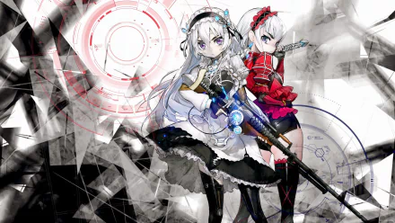 Anime-style artwork featuring characters from Chaika - The Coffin Princess. One character wields a sniper rifle, dressed in a skirt, gloves, and thigh-highs, set against an abstract background.
