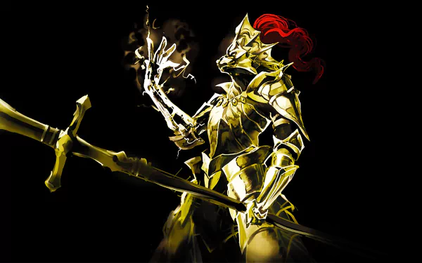 Dragon Slayer Ornstein from Dark Souls stands in a dramatic pose, clad in ornate golden armor, wielding a spear and channeling power, set against a stark black background.