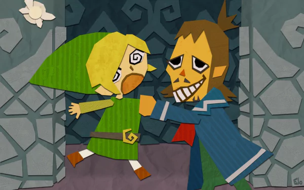 Video game HD PC desktop wallpaper from The Legend of Zelda: Phantom Hourglass showing stylized Link in a green tunic grabbed by a grinning masked villain in front of a stone wall.