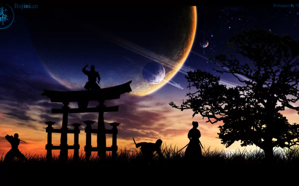 Artistic HD desktop wallpaper depicting a picturesque sunrise with ninjas silhouetted against a large planet in the sky, an intricate tree, and a traditional Asian gateway.