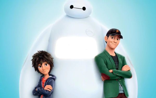 HD desktop wallpaper from Big Hero 6 featuring characters Hiro, Baymax, and Tadashi on a soft blue background.