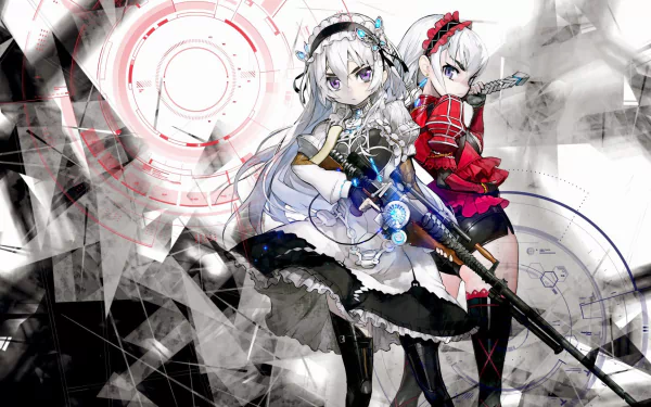 Anime-style artwork featuring characters from Chaika - The Coffin Princess. One character wields a sniper rifle, dressed in a skirt, gloves, and thigh-highs, set against an abstract background.