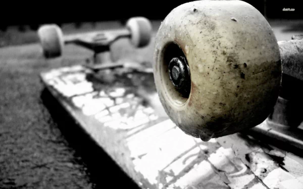 Close-up of a worn skateboard wheel on an urban pavement, highlighting the gritty texture and dynamic motion of skateboarding, captured in HD for a striking sports desktop wallpaper.