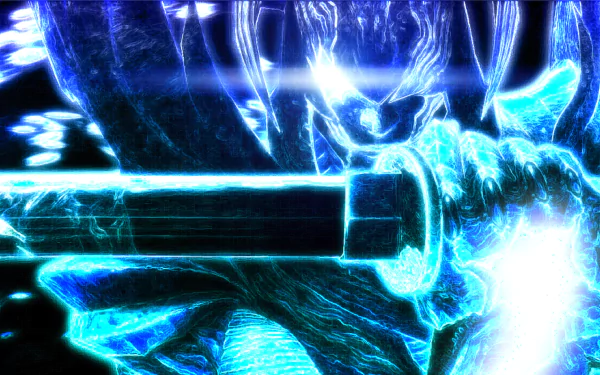 HD desktop wallpaper and background featuring an intense, neon-blue, stylized image from the video game Devil May Cry 4, highlighting a character wielding a glowing sword.