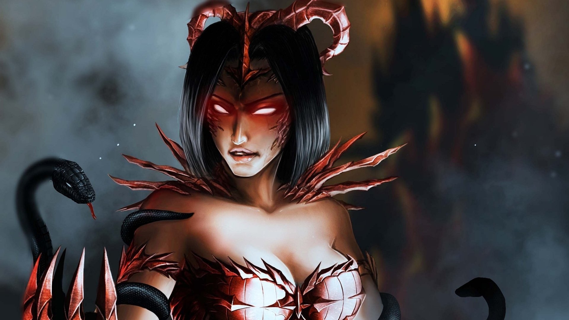 HD fantasy demon with glowing eyes and horns, set against a dark, smoky background, designed as a striking PC desktop wallpaper.