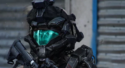 Futuristic warrior in high-tech armor with a glowing visor, ready for battle. This HD desktop wallpaper blends sci-fi aesthetics with a fierce, commanding presence.