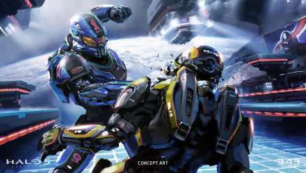 HD desktop wallpaper featuring a dynamic action scene from the video game Halo 5: Guardians, showcasing two armored characters in combat within a futuristic environment.