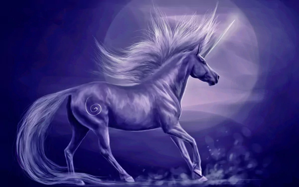 A stunning purple unicorn strides gracefully against a mystical backdrop, featuring a glowing moon, creating an enchanting fantasy scene for an HD desktop wallpaper.