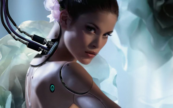 A striking sci-fi image featuring a cyborg woman with futuristic features, set against a soft, ethereal background. An engaging HD wallpaper for desktop use.