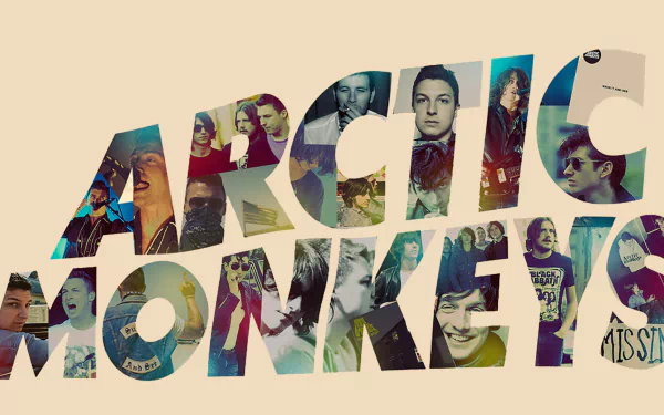 A vibrant Arctic Monkeys HD desktop wallpaper featuring a collage of band images, celebrating their English rock music and dynamic presence.