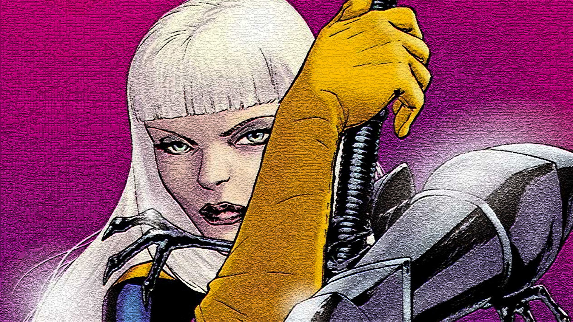 Comic-inspired HD wallpaper featuring Magik from Marvel Comics, showcasing her striking features and dynamic pose against a vibrant pink background.