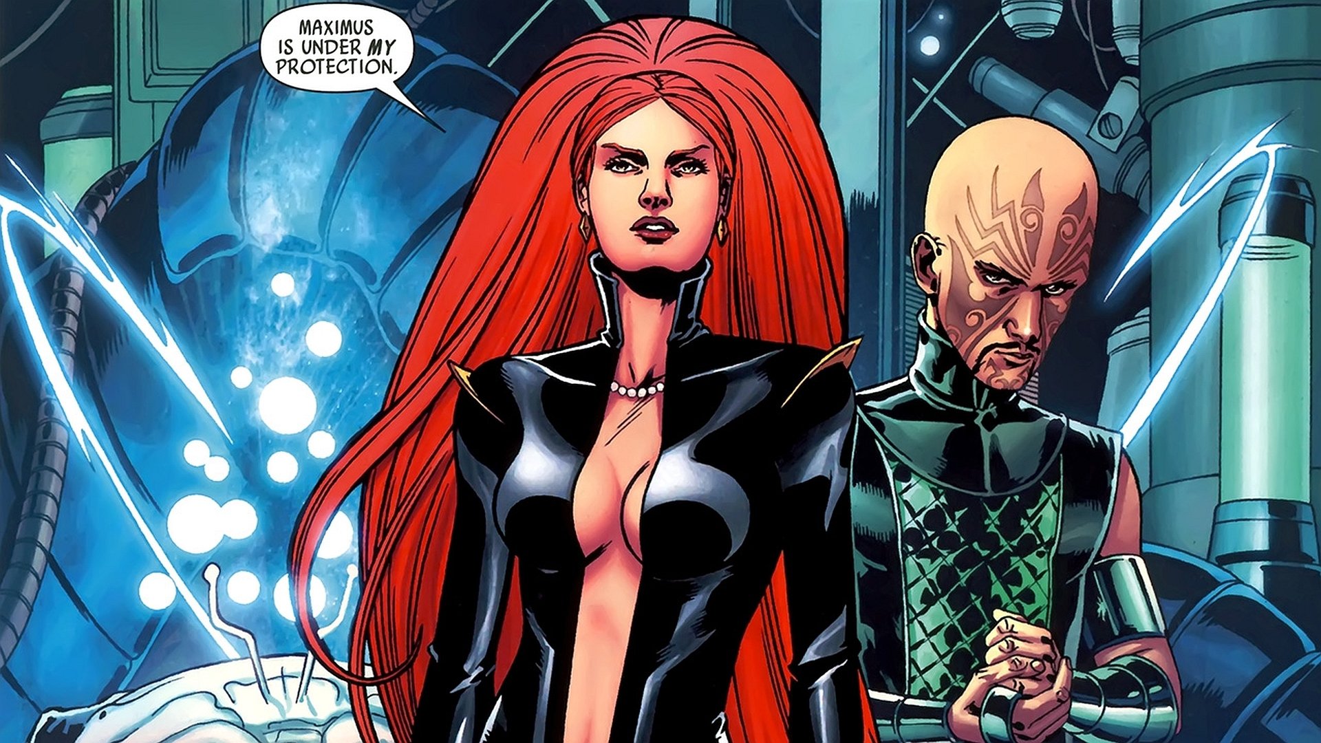 HD PC desktop wallpaper featuring a comic-style Medusa with flowing red hair and a stern expression, accompanied by a bald character in a futuristic setting.