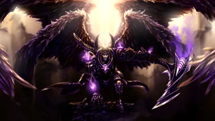 HD desktop wallpaper featuring Thanatos from the video game Smite, depicted with dark wings and a glowing weapon, set against a dramatic background of light and shadow.