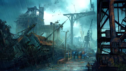 HD PC desktop wallpaper featuring a stormy, industrial harbor scene from the video game Singularity, showcasing cranes, rusted structures, and a moody, atmospheric environment.