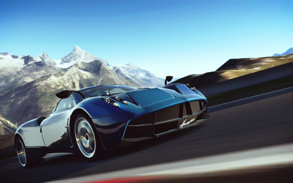 4K Ultra HD Gran Turismo 6 desktop wallpaper featuring a sleek sports car speeding on a mountain road with snow-capped peaks in the background.
