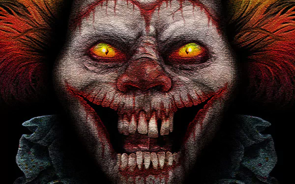 A dark clown graphic with a menacing grin and glowing yellow eyes. This HD desktop wallpaper captures a haunting and eerie atmosphere.