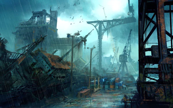 HD PC desktop wallpaper featuring a stormy, industrial harbor scene from the video game Singularity, showcasing cranes, rusted structures, and a moody, atmospheric environment.