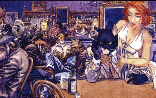 HD PC desktop wallpaper featuring a scene from the John Blacksad comic, showing anthropomorphic characters in a lively bar setting with detailed, expressive art.