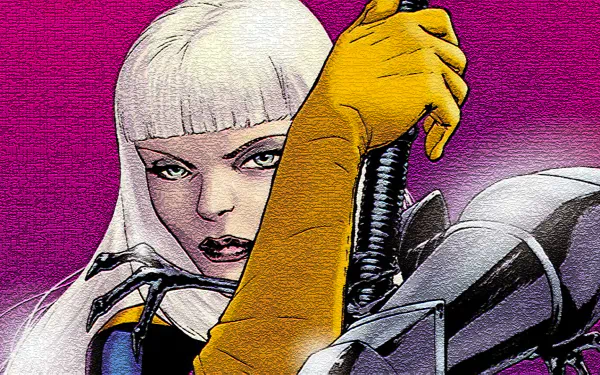Comic-inspired HD wallpaper featuring Magik from Marvel Comics, showcasing her striking features and dynamic pose against a vibrant pink background.