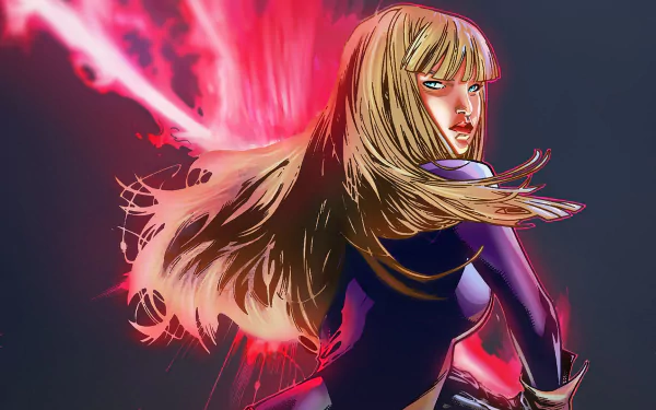 A striking HD PC desktop wallpaper featuring Magik from Marvel Comics, showcasing her dynamic pose and powerful energy background in vibrant colors.