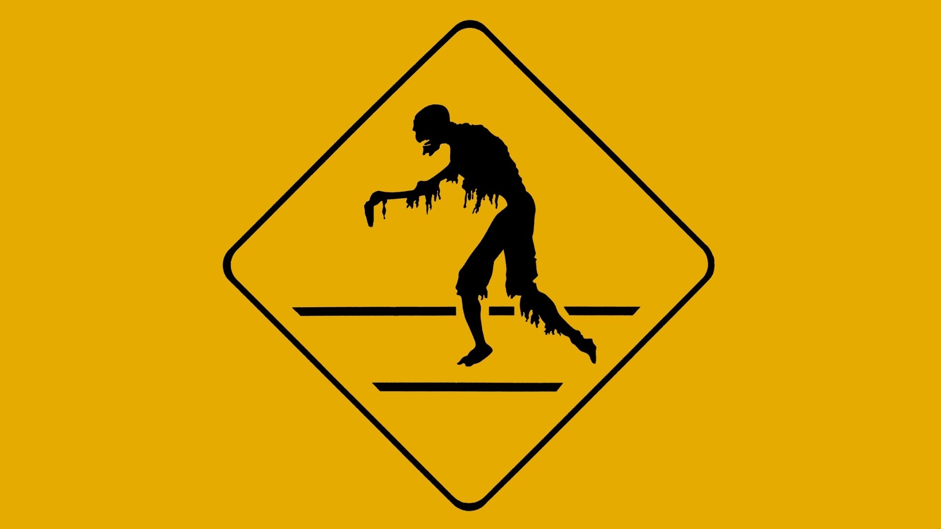 HD PC desktop wallpaper featuring a dark, dripping zombie silhouette inside a yellow warning sign on a black background.