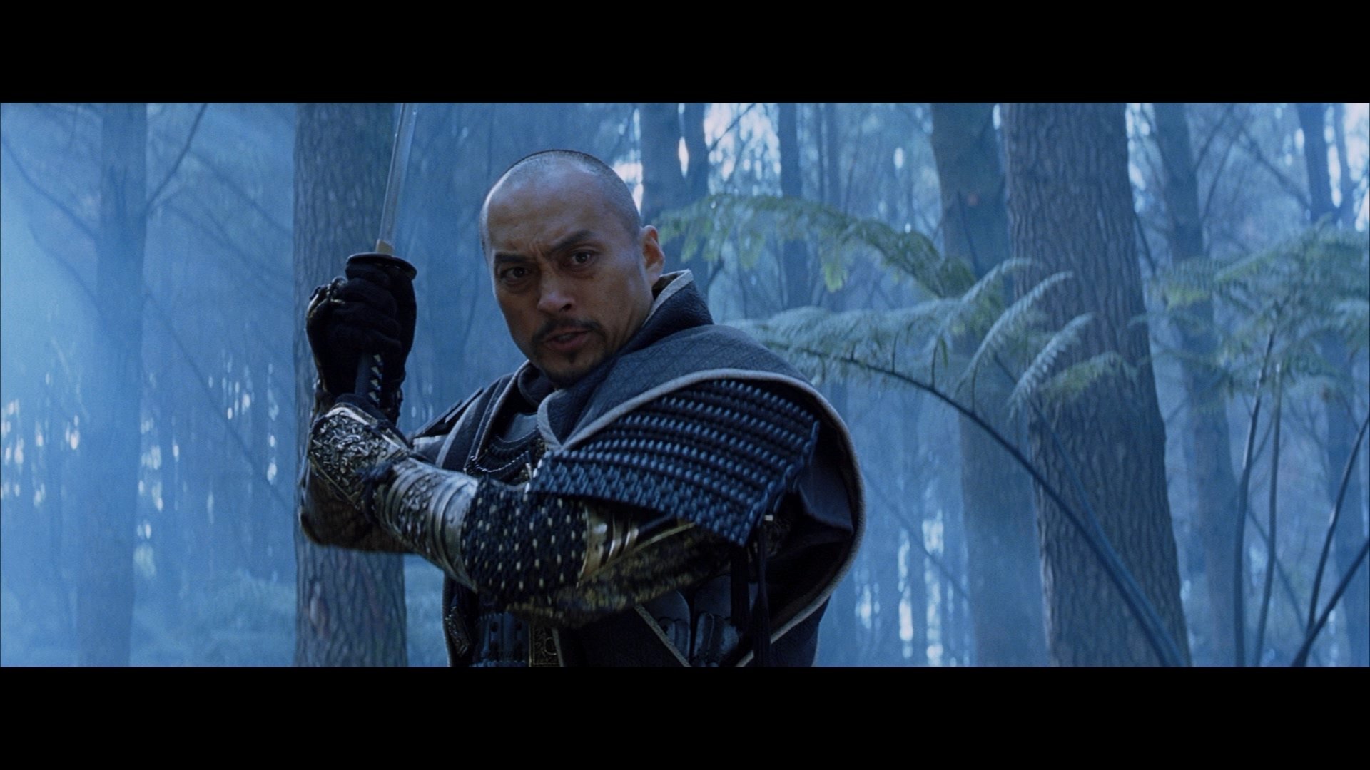 A character from the movie The Last Samurai, dressed in traditional armor, stands poised with a sword in a misty forest, showcasing the film's dramatic atmosphere. HD desktop wallpaper.