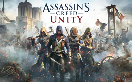 HD desktop wallpaper for Assassin's Creed: Unity featuring characters armed and poised for battle amidst a chaotic revolutionary backdrop.