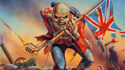 A striking HD desktop wallpaper featuring Iron Maiden's iconic mascot, Eddie, brandishing a flag and sword in a vibrant battlefield scene, embodying the band's dynamic music spirit.