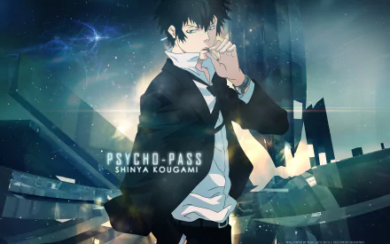 HD wallpaper of Shinya Kogami from Psycho-Pass, featuring the character in a dynamic pose with a futuristic city backdrop.