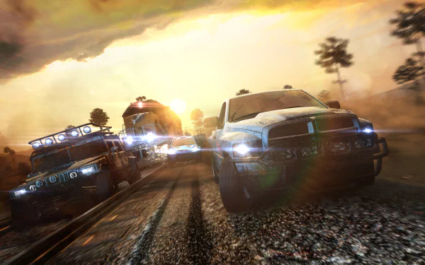 HD PC desktop wallpaper featuring intense car chase action from the video game The Crew, with dynamic lighting and rugged terrain in a high-speed racing scene.