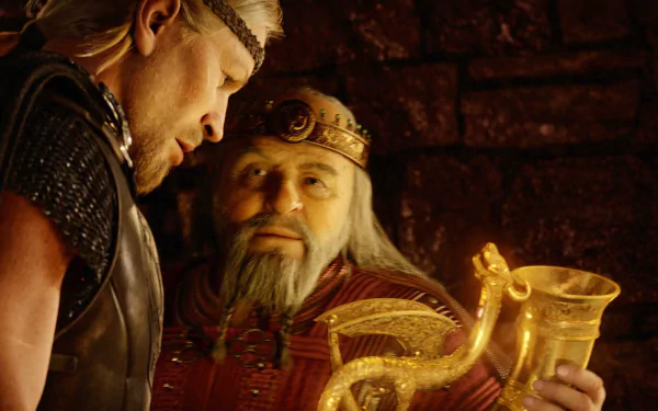A dramatic scene from the movie *Beowulf* (2007), featuring two characters in a tense conversation, surrounded by rich, detailed backgrounds and striking lighting. High-definition wallpaper.