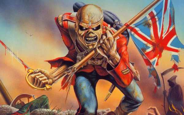 A striking HD desktop wallpaper featuring Iron Maiden's iconic mascot, Eddie, brandishing a flag and sword in a vibrant battlefield scene, embodying the band's dynamic music spirit.
