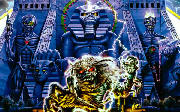 A vibrant Iron Maiden-themed HD desktop wallpaper featuring striking artwork of the band’s iconic mascot alongside mystical figures and dramatic lightning effects.