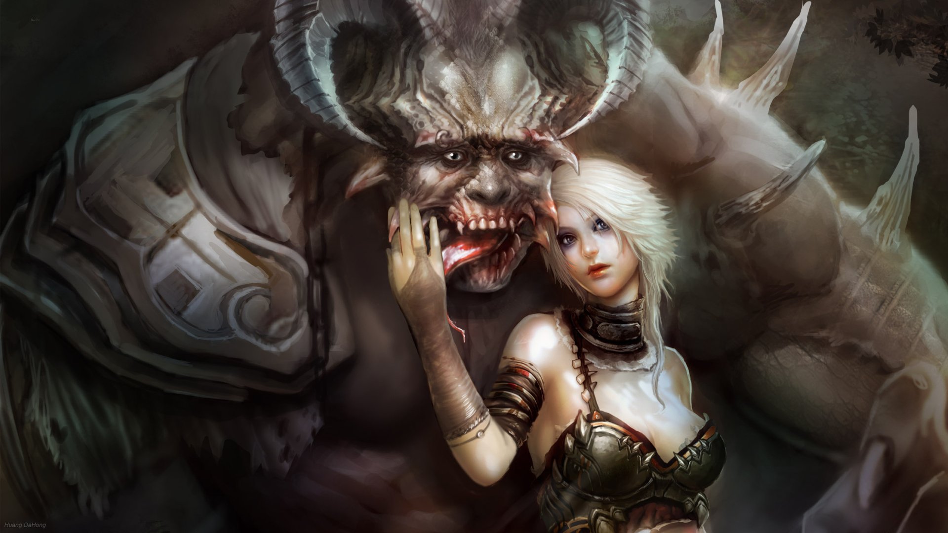 A blonde fantasy woman tenderly touches the face of a large horned beast, depicted in a detailed HD PC desktop wallpaper.